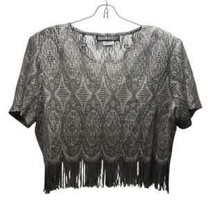 Vintage Absolutely Silver Metallic Crochet Fringe Crop Top Sz 16 Boho Glam